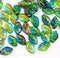 12x7mm Mixed blue green leaf beads, yellow inlays Czech glass, 40pc