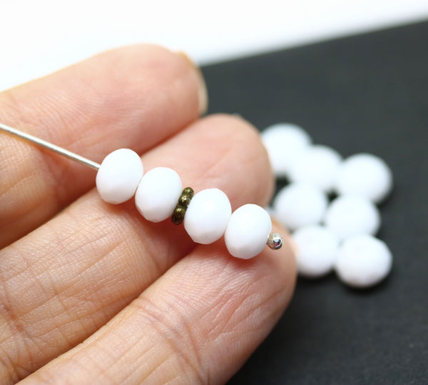 5x7mm Opaque white Czech glass fire polished rondelle spacers - 20pc