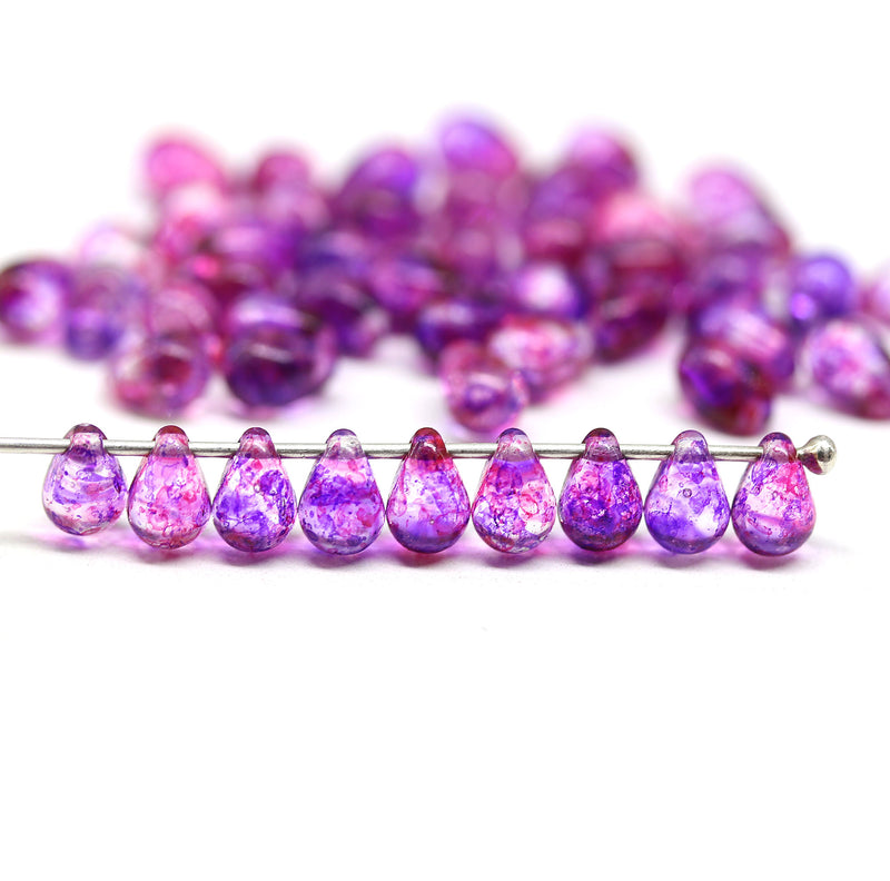 5x7mm Bright pink purple Czech glass teardrop beads - 50pc