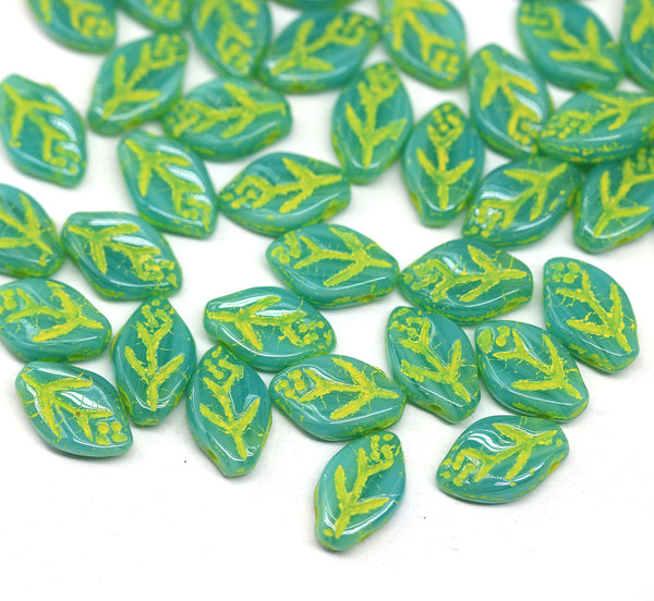 12x7mm Mixed green leaf beads Yellow inlays Czech glass, 40pc