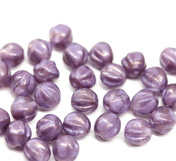 6mm Purple luster round melon shape czech glass beads, 30Pc