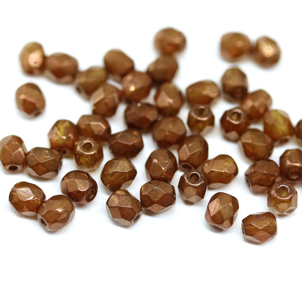 4mm Light brown czech glass fire polished beads, luster, 50Pc