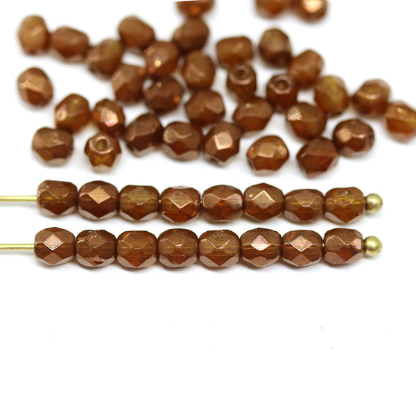 4mm Light brown czech glass fire polished beads, luster, 50Pc