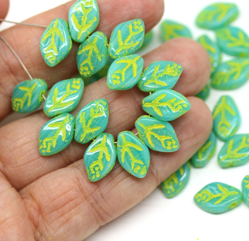 12x7mm Mixed green leaf beads Yellow inlays Czech glass, 40pc