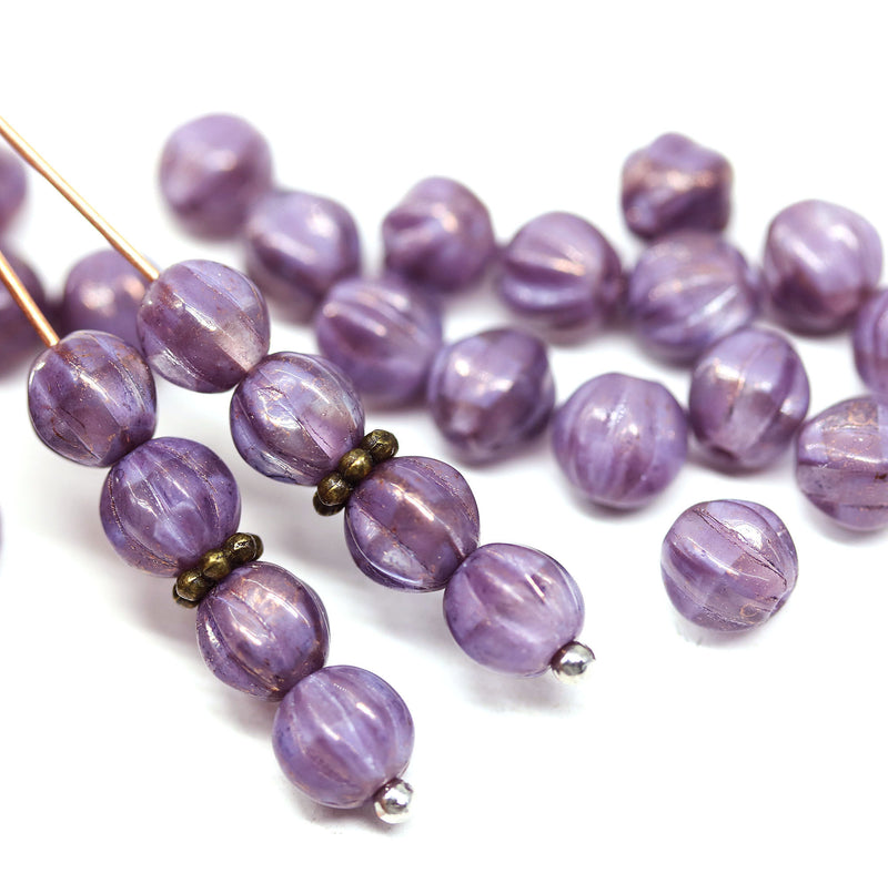 6mm Purple luster round melon shape czech glass beads, 30Pc