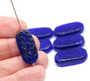 25x12mm Large oval dark blue flat czech glass beads with ornament - 6pc