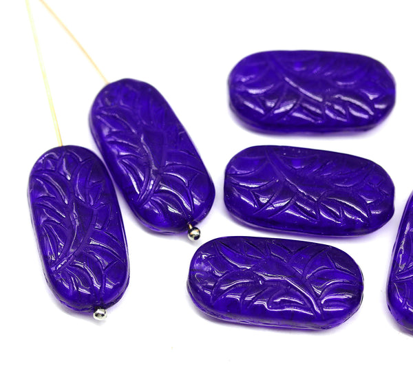 25x12mm Large oval dark blue flat czech glass beads with ornament - 6pc