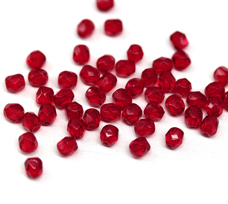 4mm Transparent red czech glass beads, fire polished - 50Pc