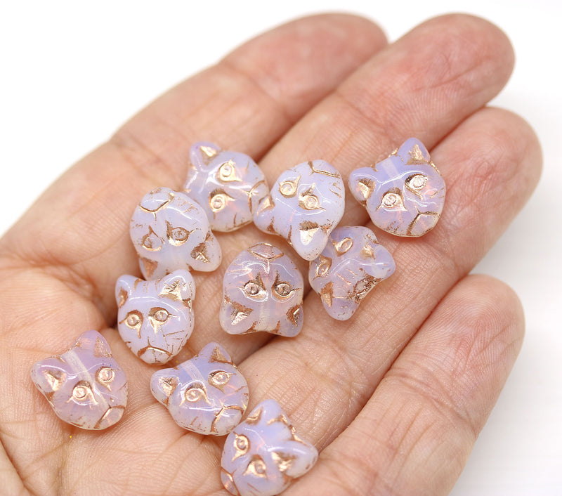 10pc Opal white cat head beads, copper wash