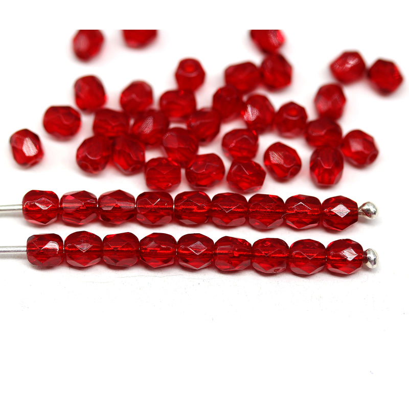 4mm Transparent red czech glass beads, fire polished - 50Pc