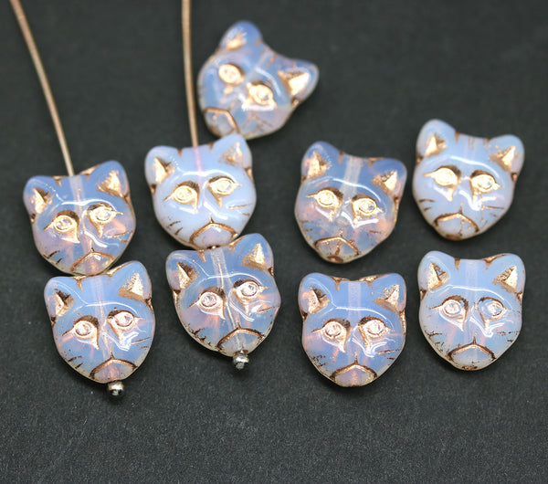 10pc Opal white cat head beads, copper wash