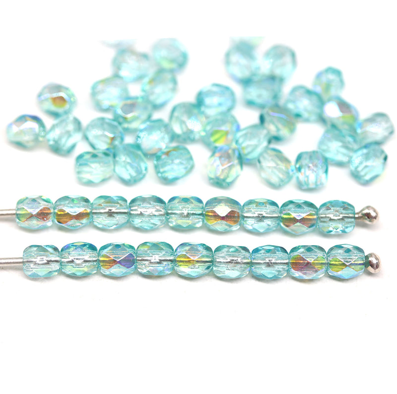 4mm Light blue teal czech glass beads, fire polished AB finish - 50Pc