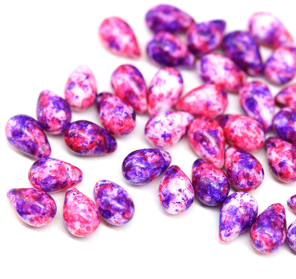 6x9mm Bright pink purple czech glass teardrop beads, 40pc