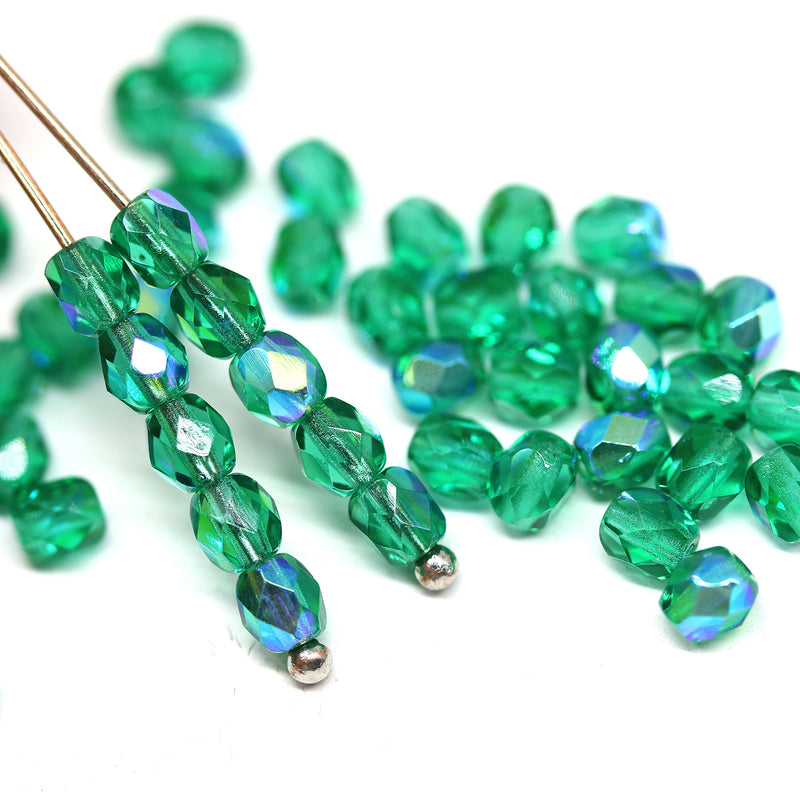 4mm Teal green czech glass fire polished beads, AB finish, 50Pc