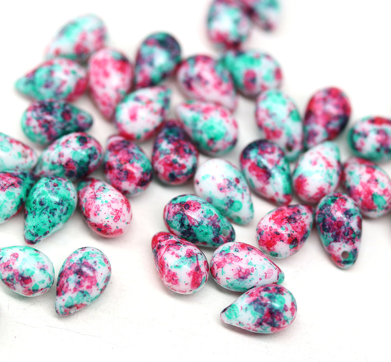 6x9mm Pink green czech glass teardrop beads, 40pc