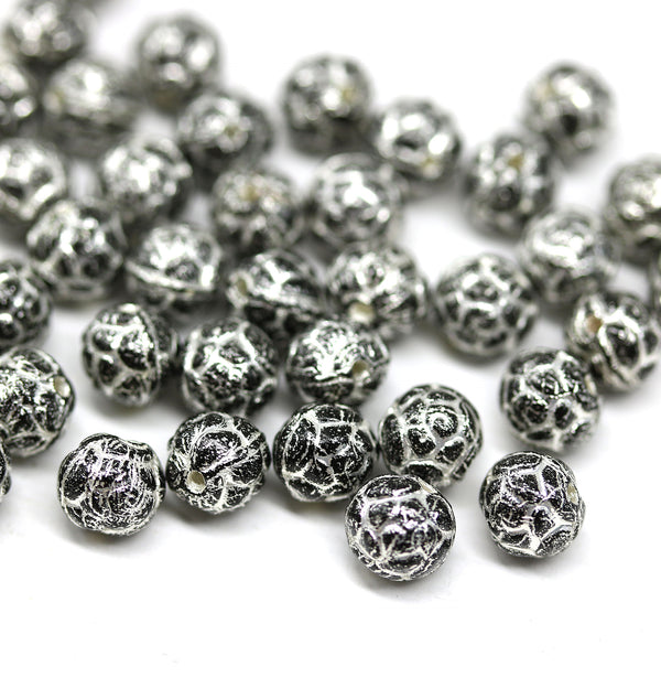 5mm Black rose bud beads, silver wash rose flower round bead, 50pc