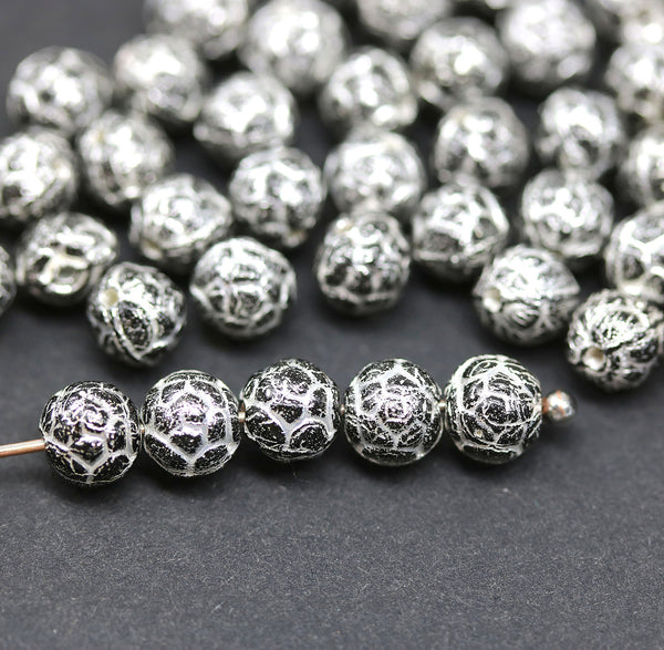5mm Black rose bud beads, silver wash rose flower round bead, 50pc