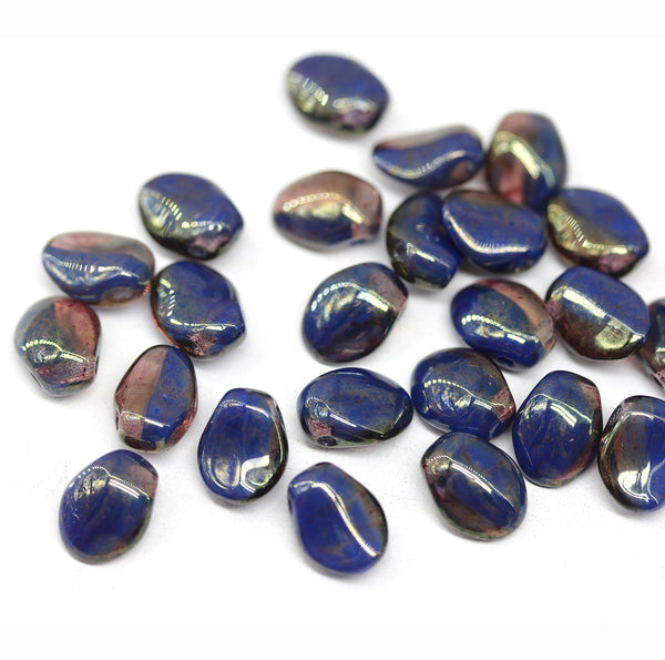 6x8mm Dark blue pink petal drop beads Czech glass flower petals, 25pc