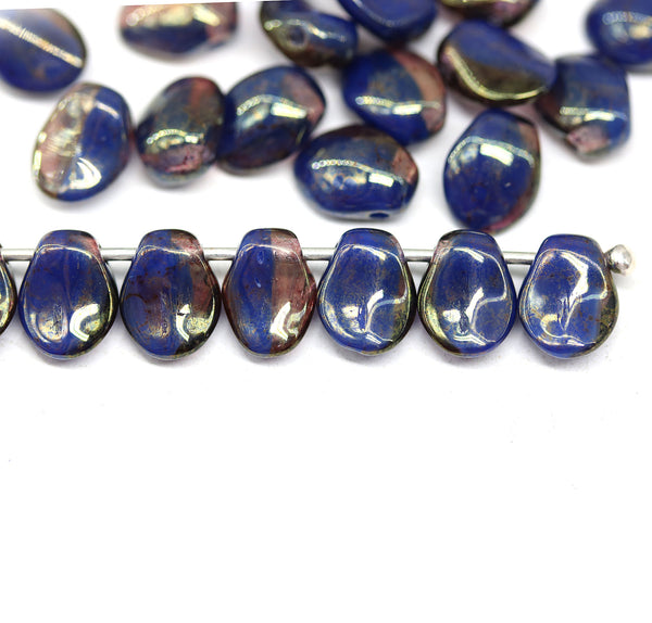 6x8mm Dark blue pink petal drop beads Czech glass flower petals, 25pc