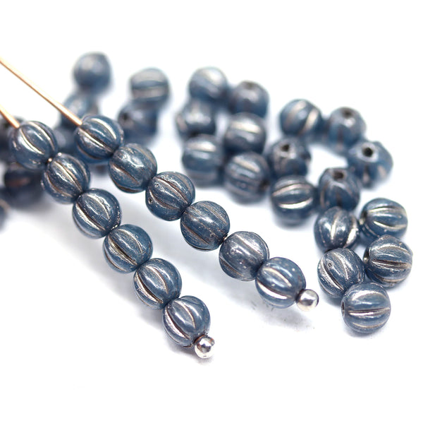 4mm Dark blue silver wash melon shape glass beads, 50pc
