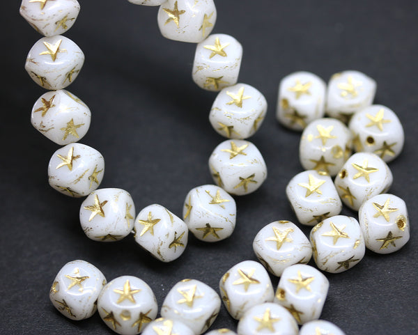 7mm White cube beads Gold stars czech glass, 20pc