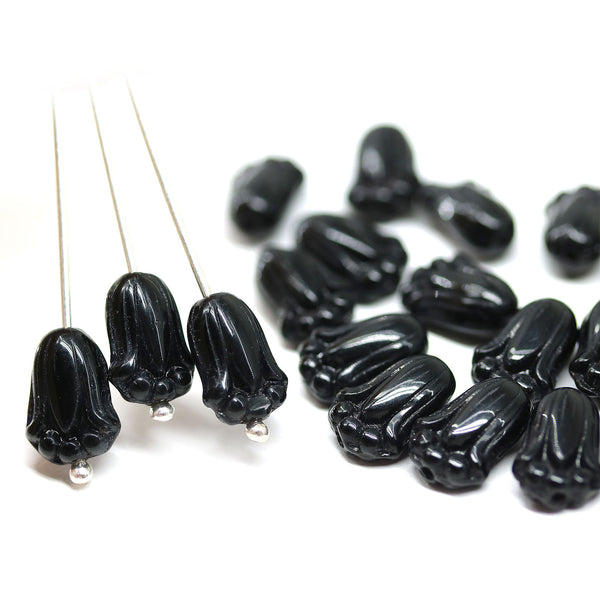 12x8mm Black tulip beads, Czech glass flower - 20Pc