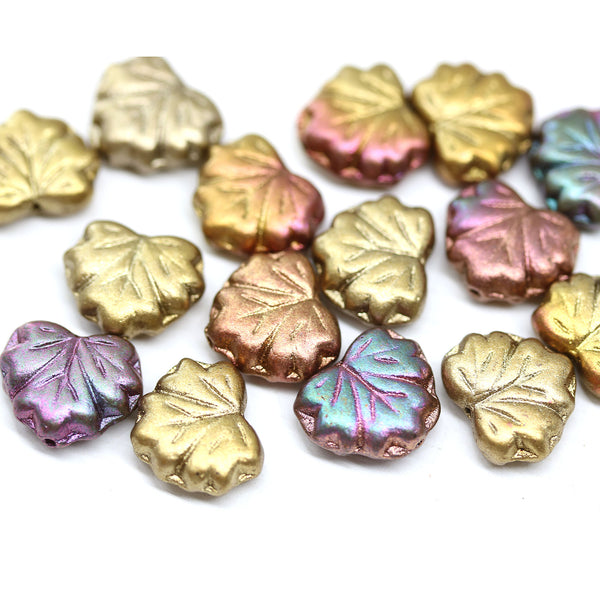 11x13mm Metallic maple leaf Czech glass beads mix, 15pc