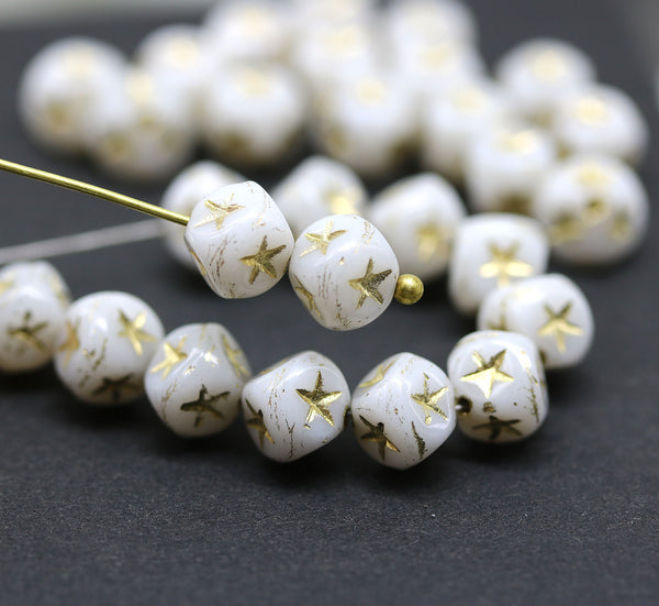 7mm White cube beads Gold stars czech glass, 20pc