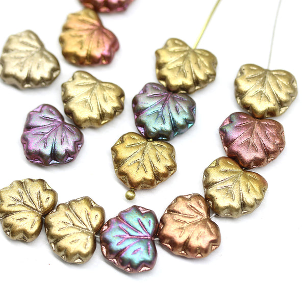 11x13mm Metallic maple leaf Czech glass beads mix, 15pc