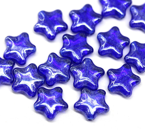 12mm Dark blue czech glass star beads with luster, 15pc