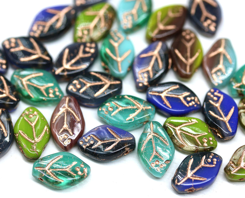 12x7mm Czech glass leaf beads mix copper wash, 30pc