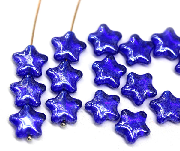 12mm Dark blue czech glass star beads with luster, 15pc