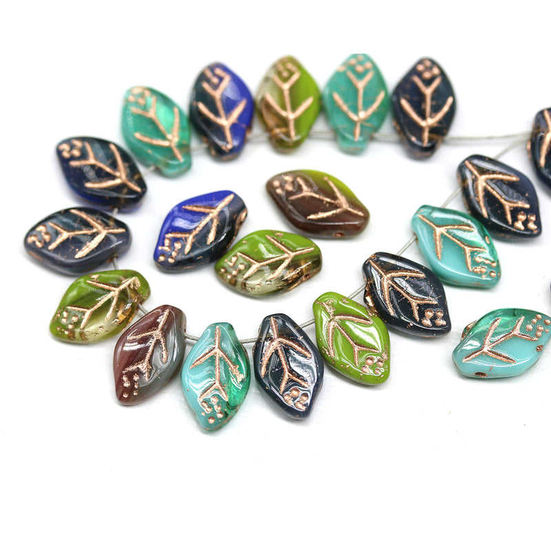 12x7mm Czech glass leaf beads mix copper wash, 30pc