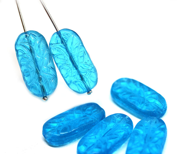 25x12mm Large oval aqua blue flat czech glass beads with ornament - 6pc