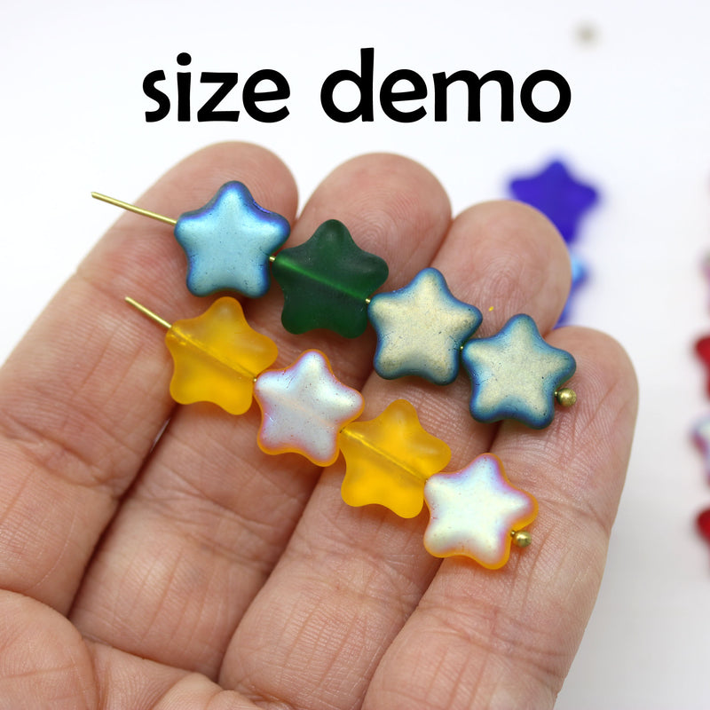 12mm Frosted yellow czech glass star beads, AB finish, 15pc