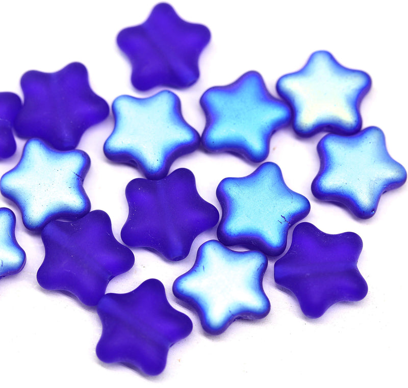 12mm Frosted blue czech glass star beads, AB finish, 15pc
