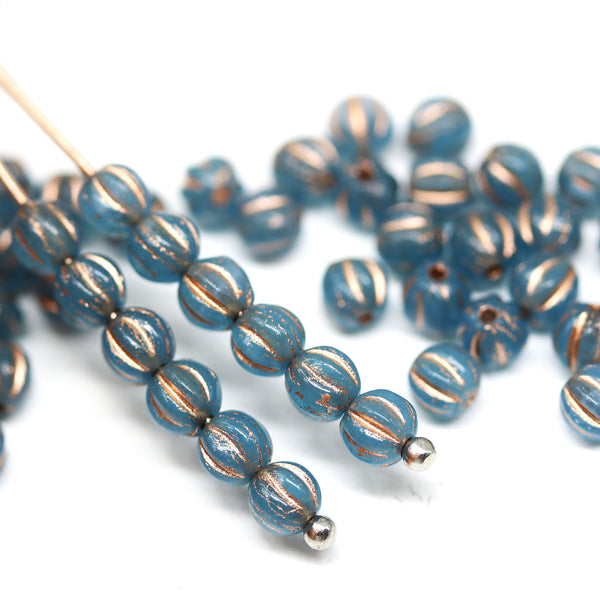 4mm Opal blue copper wash melon shape glass beads, 50pc