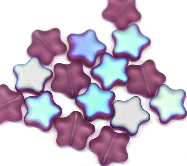 12mm Frosted purple czech glass star beads, AB finish, 15pc