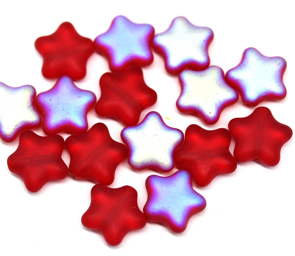 12mm Frosted red czech glass star beads, AB finish, 15pc
