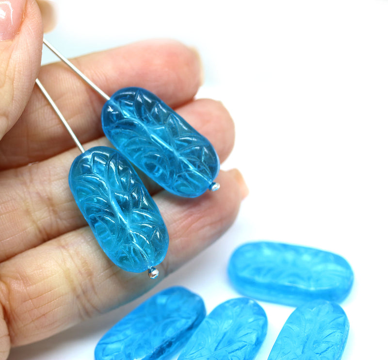 25x12mm Large oval aqua blue flat czech glass beads with ornament - 6pc
