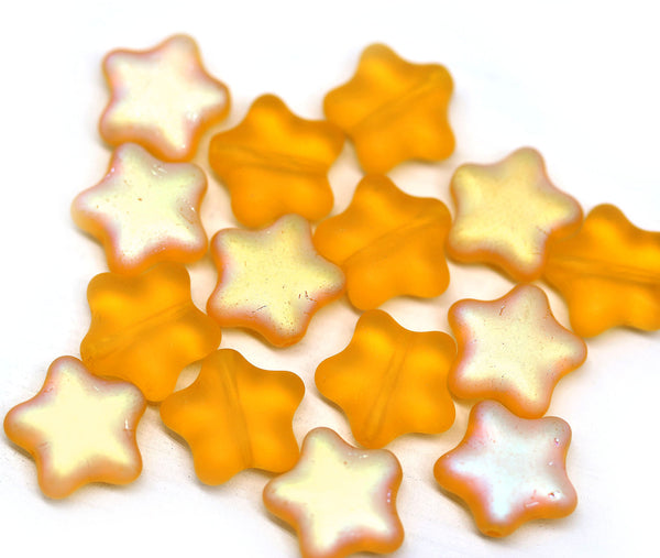12mm Frosted yellow czech glass star beads, AB finish, 15pc