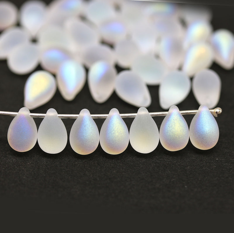 6x9mm Frosted clear czech glass teardrop beads, AB finish, 40pc