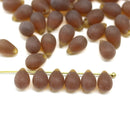 6x9mm Frosted Dark topaz brown teardrops, Czech glass drop beads, 40pc