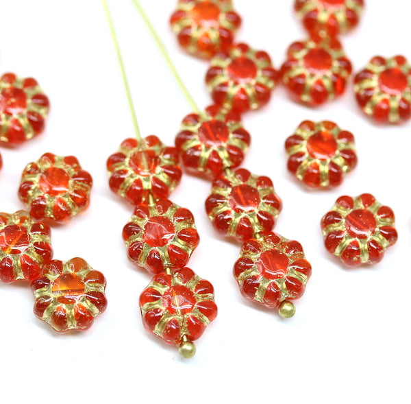 9mm Red czech glass beads gold inlays Daisy floral beads, 20Pc