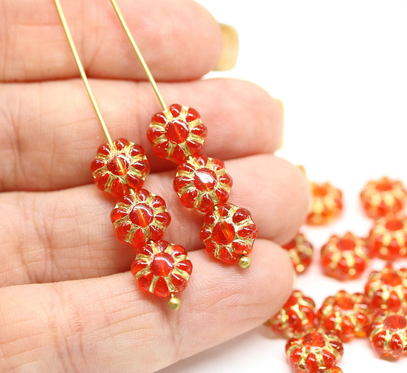 9mm Red czech glass beads gold inlays Daisy floral beads, 20Pc