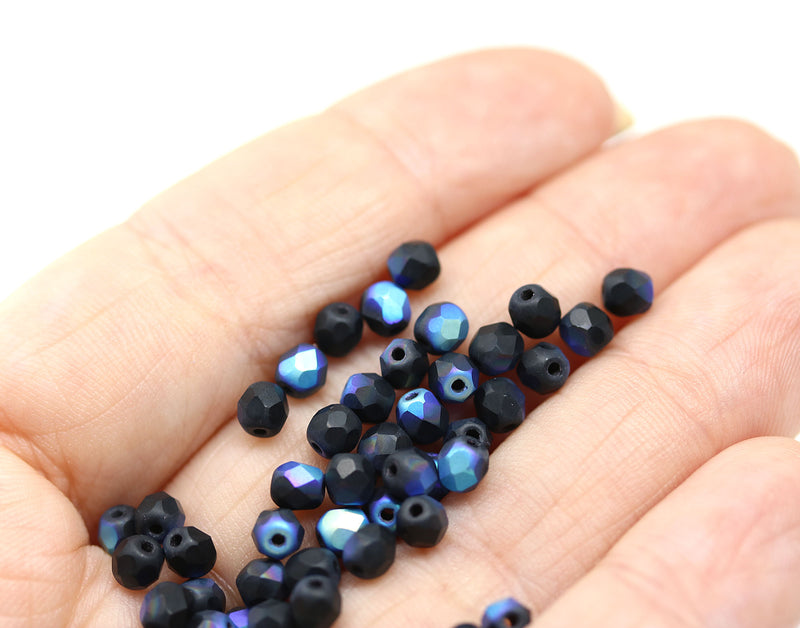 4mm Matte black czech glass fire polished beads luster, 50Pc