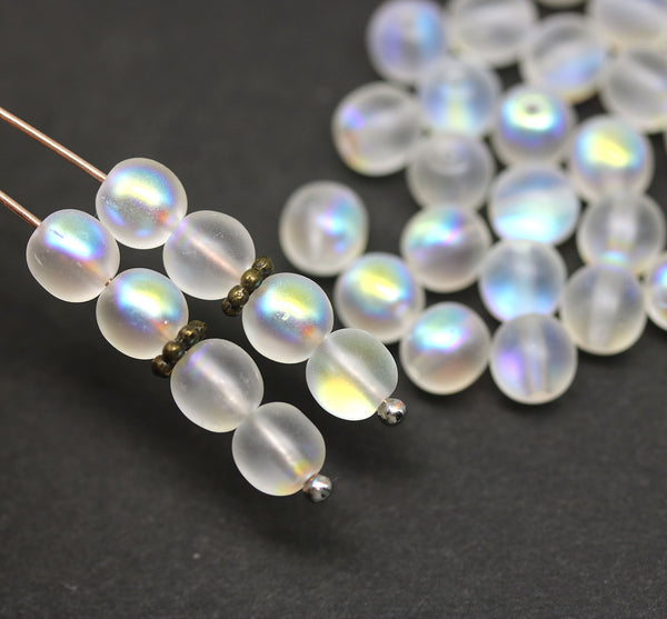 6mm Frosted clear AB finish round druk czech glass beads, 40Pc