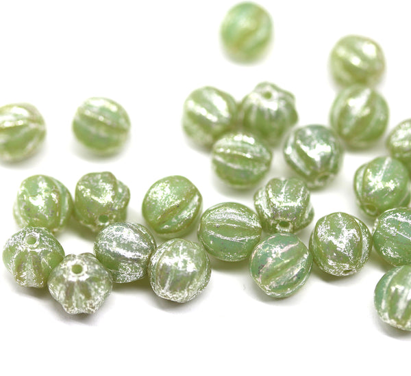 6mm Light green round melon shape czech glass beads, silver wash, 30Pc