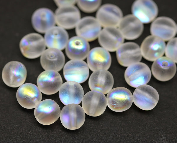 6mm Frosted clear AB finish round druk czech glass beads, 40Pc