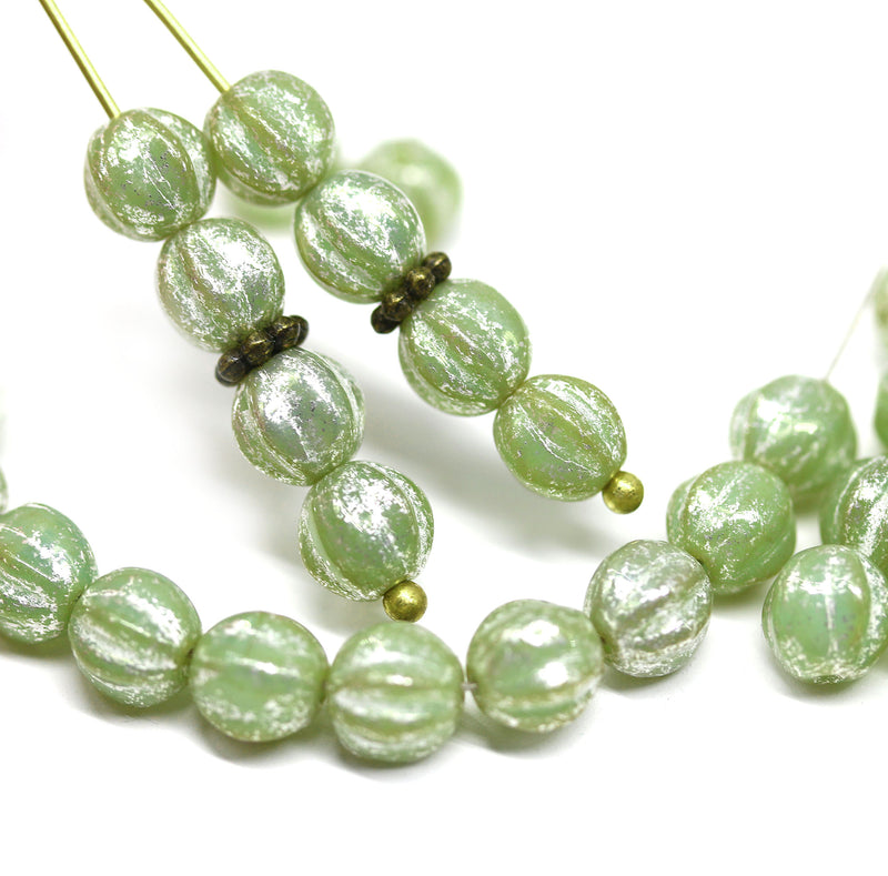 6mm Light green round melon shape czech glass beads, silver wash, 30Pc